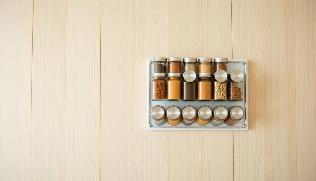 A well-organized DIY magnetic spice rack taking center stage, with a clean, minimalist design. The rack is mounted on a light-colored wooden wall, creating a bright and airy atmosphere. The spice jars are neatly arranged, their metal lids seamlessly adhering to the rack's magnetic surface. Soft, even lighting from above casts a warm glow, highlighting the natural textures and materials. The overall composition conveys a sense of simplicity, efficiency, and functional elegance - perfect for small kitchens in need of smart storage solutions.