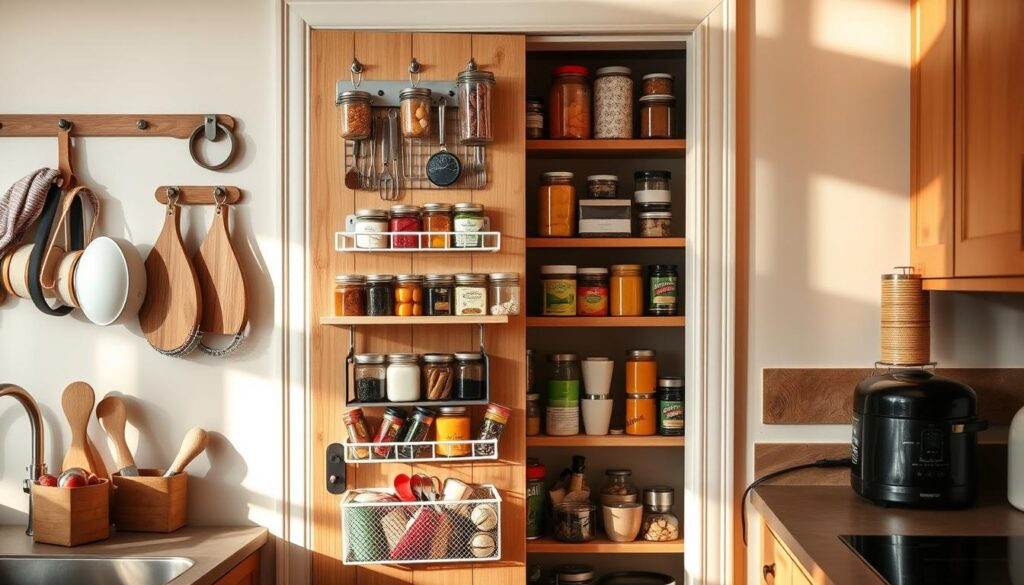 A well-organized and functional pantry door storage system in a cozy kitchen. The door is adorned with various hooks, shelves, and organizers, efficiently utilizing the space. The shelves are filled with an assortment of neatly arranged jars, cans, and containers, creating a visually pleasing and practical storage solution. Warm, natural lighting floods the scene, casting gentle shadows and highlighting the textures of the wood and metallic accents. The overall atmosphere is one of order, efficiency, and a touch of rustic charm, perfectly complementing the small kitchen's character.