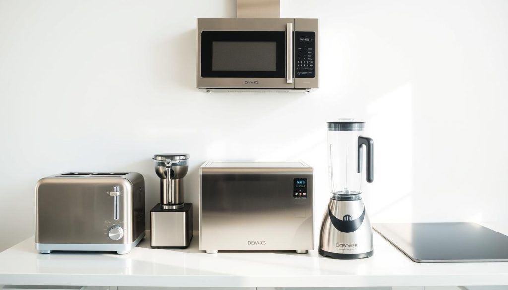 A well-organized collection of compact, modern kitchen appliances set against a bright, clean backdrop. In the foreground, a sleek stainless steel toaster, coffee maker, and blender sit atop a pristine white countertop, their reflective surfaces gleaming under soft, natural lighting. In the middle ground, a compact induction cooktop and minimalist microwave oven flank the central appliances, while in the background, a stark white wall accentuates the clean, streamlined design. The overall composition conveys a sense of efficiency, functionality, and style, perfectly capturing the essence of &quot;Compact Appliances That Shine&quot; for a small, single-wall kitchen.