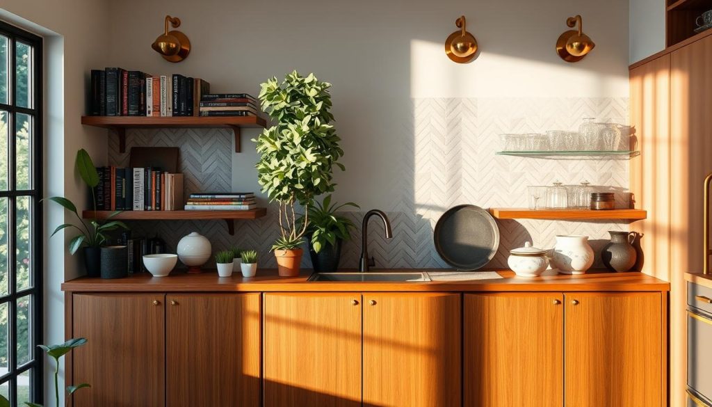 A well-organized, elegant kitchen with decorative storage solutions. A mid-century modern sideboard with clean lines and warm wood tones, adorned with potted plants and artful ceramics. Above, floating shelves display an eclectic collection of cookbooks and vintage glassware, casting soft shadows. The backsplash features a herringbone tile pattern, reflecting the warm lighting from brass sconces. Through the window, a lush green garden provides a serene backdrop. The scene is both functional and visually striking, creating a harmonious and inviting atmosphere.