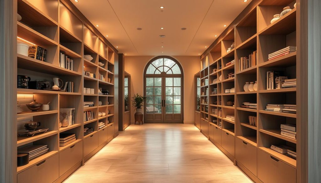 A well-organized hallway storage system with sleek, modular shelving units lining the walls, creating a harmonious and functional space. Soft, warm lighting from recessed fixtures illuminates the area, casting a cozy glow. The shelves are filled with neatly arranged kitchen appliances, cookbooks, and decorative accents, showcasing an efficient use of the available space. The floor is covered in a neutral, durable tile, complementing the overall minimalist aesthetic. A large, arched window at the end of the hallway allows natural light to filter in, adding depth and a sense of openness to the scene.