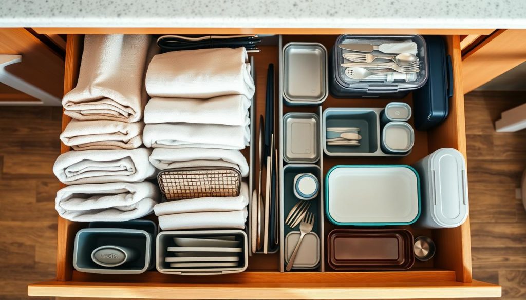A well-organized kitchen drawer with various compartments and dividers maximizing vertical storage space. The drawer is illuminated by warm, natural lighting, captured from an overhead angle to showcase the tidy, structured organization. Stacks of neatly folded dish towels, utensil trays, and small containers are arranged to utilize every inch of vertical depth, creating an efficient and clutter-free storage solution. The overall mood is one of order, productivity, and a thoughtful approach to kitchen organization. A well-organized kitchen drawer with various compartments and dividers maximizing vertical storage space. The drawer is illuminated by warm, natural lighting, captured from an overhead angle to showcase the tidy, structured organization. Stacks of neatly folded dish towels, utensil trays, and small containers are arranged to utilize every inch of vertical depth, creating an efficient and clutter-free storage solution. The overall mood is one of order, productivity, and a thoughtful approach to kitchen organization.