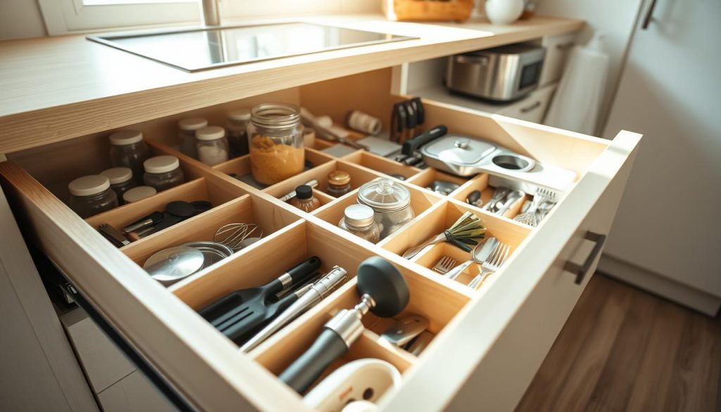 A well-organized kitchen drawer, with various compartments and dividers neatly arranged. Vibrant, natural lighting shines through the window, casting a warm glow on the contents. An assortment of cooking utensils, spice jars, and small appliances are meticulously stored, creating a sense of order and efficiency. The drawer's interior is made of a sleek, light-colored wood, complementing the overall minimalist aesthetic. The camera angle showcases the drawer's depth, highlighting the attention to detail in the organization process. The mood is one of calm, productivity, and a well-maintained kitchen. A well-organized kitchen drawer, with various compartments and dividers neatly arranged. Vibrant, natural lighting shines through the window, casting a warm glow on the contents. An assortment of cooking utensils, spice jars, and small appliances are meticulously stored, creating a sense of order and efficiency. The drawer's interior is made of a sleek, light-colored wood, complementing the overall minimalist aesthetic. The camera angle showcases the drawer's depth, highlighting the attention to detail in the organization process. The mood is one of calm, productivity, and a well-maintained kitchen.