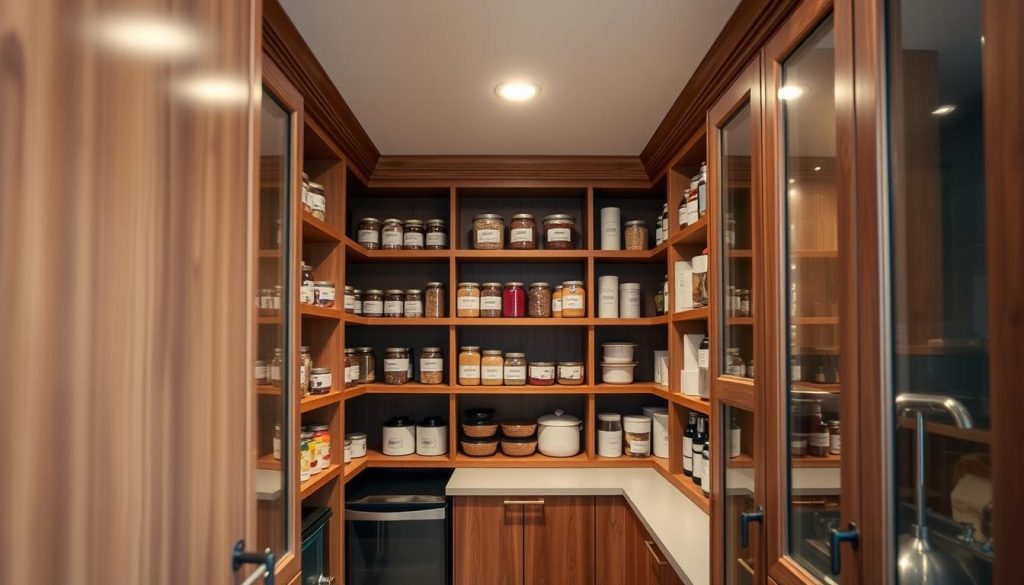 A well-organized kitchen pantry with custom built-in shelving and storage solutions. The shelves are neatly arranged with labeled jars, cans, and containers in a symmetrical pattern, creating a visually pleasing and functional space. Soft, warm lighting from recessed fixtures casts a cozy glow, highlighting the rich wood tones of the cabinetry. The camera angle captures the pantry from a slightly elevated perspective, showcasing the depth and thoughtful design. The overall atmosphere conveys a sense of order, efficiency, and a personalized touch that complements the small kitchen's aesthetic.