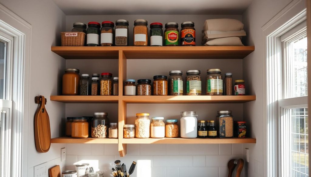 A well-organized kitchen pantry with open wooden shelving, showcasing jars, cans, and food items in a compact, minimalist arrangement. Soft natural lighting filters through a nearby window, casting gentle shadows and highlighting the textural details of the shelves and their contents. The shelves are positioned at varying heights, creating a visually appealing and efficient storage solution for a small kitchen. The overall mood is one of calm organization and functional elegance, perfectly suited for the "Open Shelving for Easy Access" section of the article. A well-organized kitchen pantry with open wooden shelving, showcasing jars, cans, and food items in a compact, minimalist arrangement. Soft natural lighting filters through a nearby window, casting gentle shadows and highlighting the textural details of the shelves and their contents. The shelves are positioned at varying heights, creating a visually appealing and efficient storage solution for a small kitchen. The overall mood is one of calm organization and functional elegance, perfectly suited for the "Open Shelving for Easy Access" section of the article.
