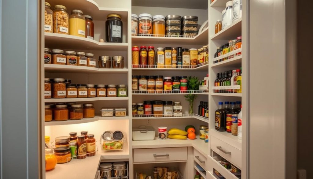 A well-organized kitchen pantry with various storage solutions, including labeled jars, tiered shelves, wall-mounted spice racks, and pull-out drawers. The pantry is well-lit with soft, warm lighting, creating a cozy and inviting atmosphere. The shelves are neatly arranged, showcasing a variety of staple ingredients, from canned goods to fresh produce. The overall scene conveys a sense of efficiency and practicality, highlighting clever organization techniques that maximize the limited space of a small kitchen pantry.