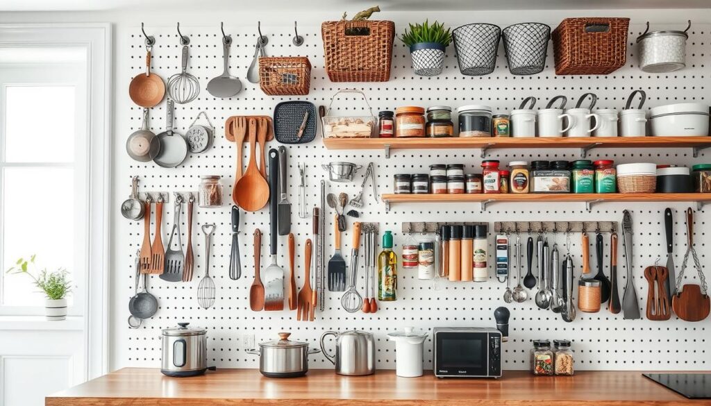 A well-organized kitchen pegboard featuring an assortment of creative storage solutions. In the foreground, an array of hooks, baskets, and shelves showcase practical organization. The middle ground showcases various cooking utensils, spices, and small appliances neatly arranged. The background depicts a minimalist, light-filled kitchen with crisp white walls, providing a clean and airy ambiance. The overall scene conveys a sense of efficiency and effortless functionality, with the pegboard serving as a versatile and visually appealing storage system.
