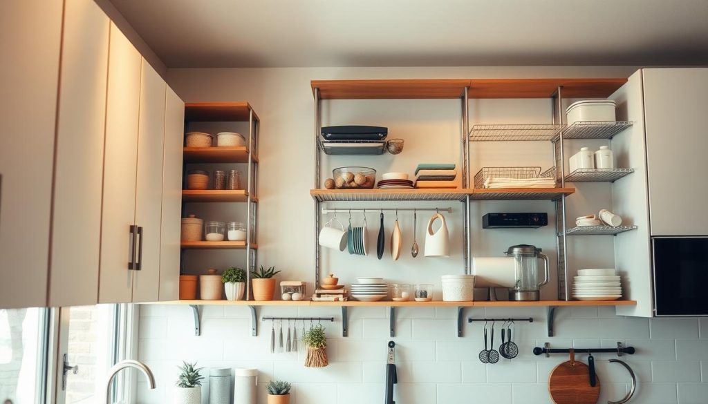 A well-organized kitchen with ample upper cabinet storage, bathed in warm, diffused lighting from a large window. In the foreground, the cabinet tops are adorned with neatly arranged decorative items, potted plants, and a few practical storage containers. The middle ground showcases an array of open shelving and hanging racks, housing a variety of kitchen essentials. The background features a clean, minimalist palette with subtle, natural textures, complementing the overall cozy and functional atmosphere.
