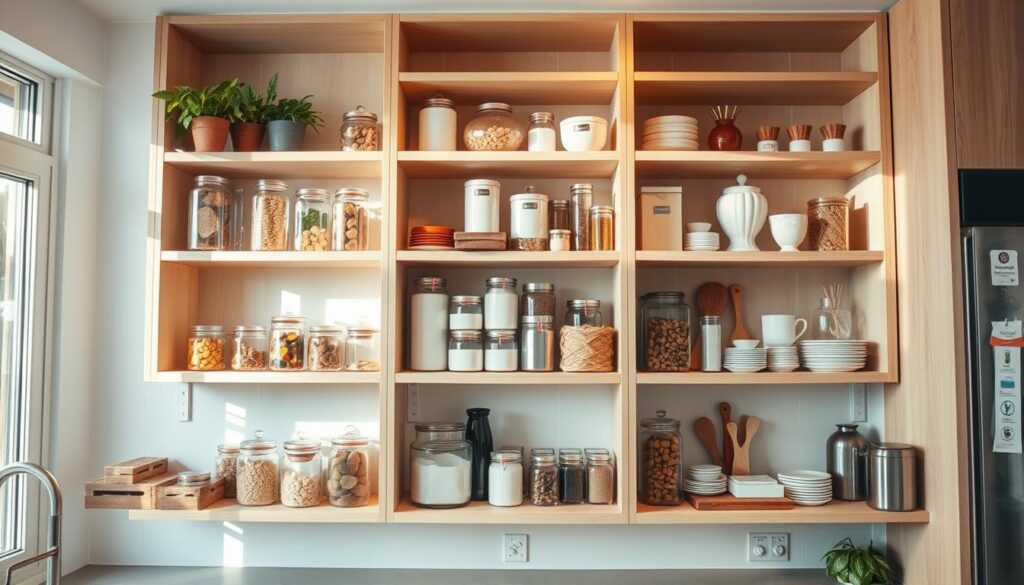 A well-organized kitchen with open shelving, displaying an assortment of neatly arranged jars, canisters, and decorative items. The shelves are made of light-colored wood, seamlessly integrated into the wall. Soft, natural lighting filters in, creating a warm and inviting atmosphere. The camera angle is slightly elevated, providing a clear view of the shelves and their contents. The overall impression is one of efficiency, organization, and a thoughtfully designed space-saving storage solution.