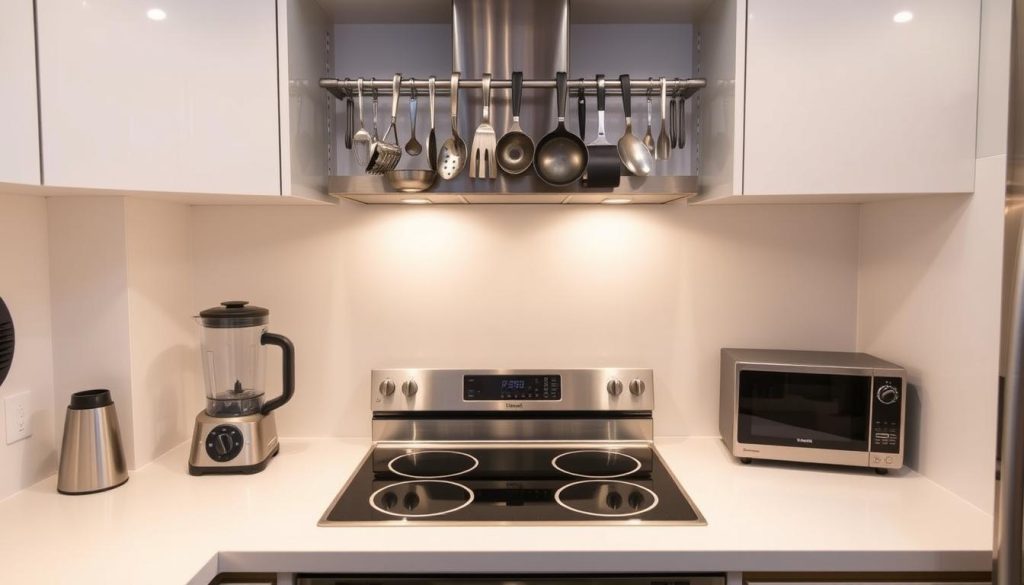 A well-organized kitchen with sleek stainless steel appliances placed strategically for efficient workflow. The cooktop and oven in the center, surrounded by a clean white countertop. To the side, a compact blender and food processor neatly tucked away. Above, hanging racks hold essential utensils within easy reach. Soft, diffused lighting from recessed ceiling fixtures creates a warm, inviting atmosphere. The overall layout prioritizes functionality and accessibility, optimizing the limited space for a harmonious, practical cooking environment.