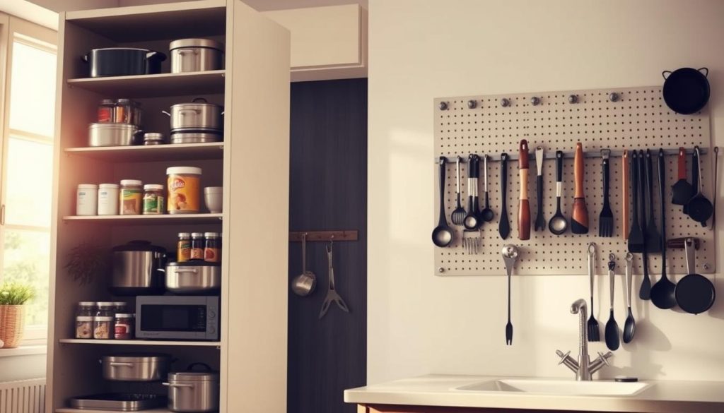 A well-organized kitchen with vertical storage solutions. In the foreground, a tall cabinet with multiple shelves, neatly stacking cookware, spices, and small appliances. Midground showcases a wall-mounted pegboard system, holding a variety of cooking utensils and tools. Backlighting from a large window illuminates the scene, casting a warm, inviting glow. The overall composition emphasizes efficient use of vertical space, creating a harmonious and clutter-free kitchen environment. Captured with a wide-angle lens to provide a comprehensive view of the storage solutions.