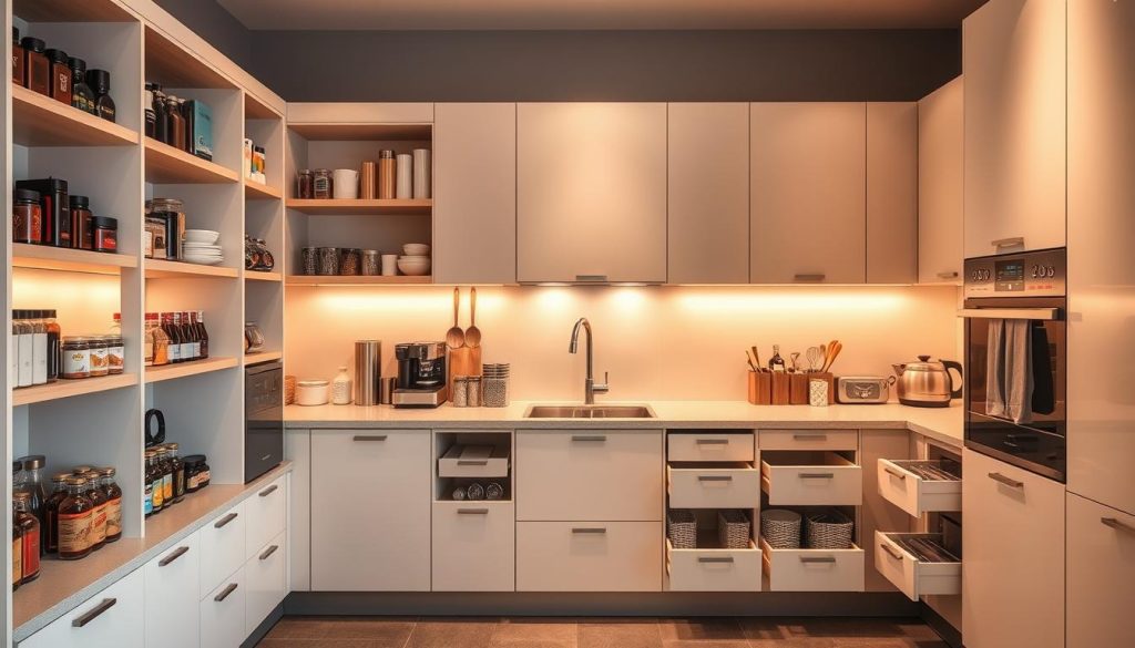 A well-organized, modern kitchen with efficient storage solutions. The foreground features a variety of neatly arranged kitchen utensils, spices, and small appliances on open shelves. The middle ground showcases modular cabinets with pull-out drawers and baskets, optimizing space utilization. In the background, a sleek, minimalist backsplash complements the overall aesthetic. Warm, directional lighting highlights the functionality and organization of the space, creating a harmonious, inviting atmosphere. A well-organized, modern kitchen with efficient storage solutions. The foreground features a variety of neatly arranged kitchen utensils, spices, and small appliances on open shelves. The middle ground showcases modular cabinets with pull-out drawers and baskets, optimizing space utilization. In the background, a sleek, minimalist backsplash complements the overall aesthetic. Warm, directional lighting highlights the functionality and organization of the space, creating a harmonious, inviting atmosphere.