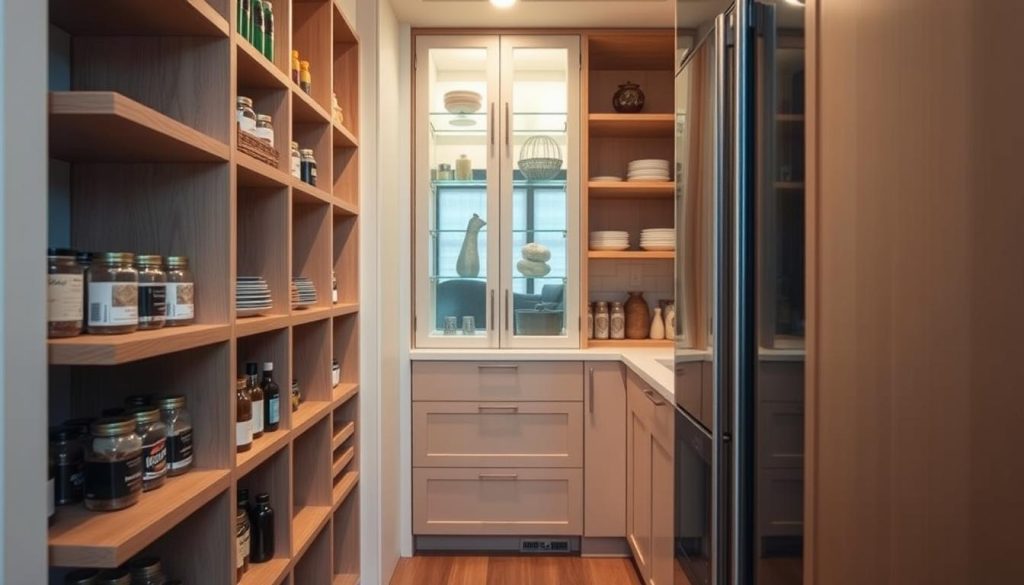 A well-organized pantry for a tiny kitchen, with sleek, space-saving storage solutions. The foreground features an open-shelving system with adjustable wooden shelves, perfect for organizing spices, canned goods, and jars. The middle ground showcases a compact pull-out cabinet, maximizing the available space. In the background, a tall, narrow cabinet with glass doors allows for the display of decorative items, creating a visually appealing and functional storage system. The scene is illuminated by soft, warm lighting, creating a cozy and inviting atmosphere. The materials used, such as natural wood and brushed metal, complement the minimalist, modern design aesthetic suitable for a small kitchen space. A well-organized pantry for a tiny kitchen, with sleek, space-saving storage solutions. The foreground features an open-shelving system with adjustable wooden shelves, perfect for organizing spices, canned goods, and jars. The middle ground showcases a compact pull-out cabinet, maximizing the available space. In the background, a tall, narrow cabinet with glass doors allows for the display of decorative items, creating a visually appealing and functional storage system. The scene is illuminated by soft, warm lighting, creating a cozy and inviting atmosphere. The materials used, such as natural wood and brushed metal, complement the minimalist, modern design aesthetic suitable for a small kitchen space.