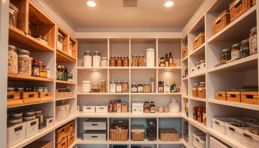 A well-organized pantry with custom shelving and storage solutions. Wooden crates, clear jars, and labeled baskets create a clean, minimalist aesthetic. Warm, natural lighting highlights the efficient layout and functional design. The pantry is stocked with an array of dry goods, spices, and kitchen essentials, all neatly arranged for easy access. Recessed lighting casts a soft glow, complementing the neutral color palette. The space exudes a sense of order and tranquility, embodying the epitome of clever pantry organization.