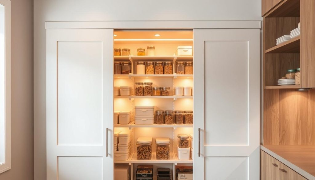 A well-organized pantry with sliding doors, neatly arranged shelves, and a minimalist, space-saving design. The pantry is illuminated by warm, diffused lighting, casting a cozy glow over the meticulously organized storage containers and jars. The sliding doors glide effortlessly, revealing an efficient layout optimized for maximum storage capacity in a compact kitchen. The neutral color palette and clean lines create a sense of order and tranquility, making the most of the available space and showcasing a practical, yet aesthetically pleasing, solution for small kitchens. A well-organized pantry with sliding doors, neatly arranged shelves, and a minimalist, space-saving design. The pantry is illuminated by warm, diffused lighting, casting a cozy glow over the meticulously organized storage containers and jars. The sliding doors glide effortlessly, revealing an efficient layout optimized for maximum storage capacity in a compact kitchen. The neutral color palette and clean lines create a sense of order and tranquility, making the most of the available space and showcasing a practical, yet aesthetically pleasing, solution for small kitchens.