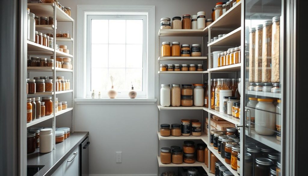 A well-organized pantry with vertically stacked shelves, illuminated by soft, natural lighting filtering through a large window. The shelves are lined with a variety of neatly arranged jars, cans, and containers in neutral tones, creating a visually appealing and efficient storage solution for a compact kitchen. The shelves extend from floor to ceiling, maximizing the vertical space and providing ample storage capacity. The overall atmosphere is clean, organized, and inviting, showcasing a practical and space-saving approach to pantry design for a small kitchen. A well-organized pantry with vertically stacked shelves, illuminated by soft, natural lighting filtering through a large window. The shelves are lined with a variety of neatly arranged jars, cans, and containers in neutral tones, creating a visually appealing and efficient storage solution for a compact kitchen. The shelves extend from floor to ceiling, maximizing the vertical space and providing ample storage capacity. The overall atmosphere is clean, organized, and inviting, showcasing a practical and space-saving approach to pantry design for a small kitchen.