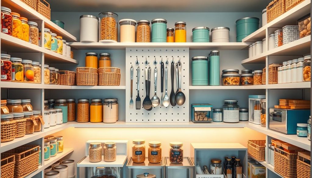 A well-organized pantry, with vibrant color schemes that inspire. Shelves neatly stacked with jars, cans, and boxes in a harmonious palette of pastel blues, greens, and soft yellows. The lighting is warm and inviting, casting a gentle glow that accentuates the clean, minimalist design. Woven baskets and sleek acrylic containers add texture and visual interest, while a central pegboard displays an array of cooking utensils. The overall atmosphere is one of calm, efficiency, and a touch of whimsy, perfectly suited for a small kitchen space.