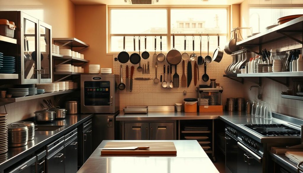 A well-organized restaurant kitchen, bathed in warm, natural lighting through large windows. Gleaming stainless steel appliances and prep surfaces line the walls, with shelves and cabinets neatly stocked with labeled containers and tools. In the foreground, a central island houses a cutting board, knives, and other essential mise en place. Pots, pans, and utensils are hung on a pegboard, creating a visually appealing and efficient storage solution. The overall atmosphere is one of calm, focused productivity, reflecting the attention to detail and organization required for a successful small restaurant kitchen. A well-organized restaurant kitchen, bathed in warm, natural lighting through large windows. Gleaming stainless steel appliances and prep surfaces line the walls, with shelves and cabinets neatly stocked with labeled containers and tools. In the foreground, a central island houses a cutting board, knives, and other essential mise en place. Pots, pans, and utensils are hung on a pegboard, creating a visually appealing and efficient storage solution. The overall atmosphere is one of calm, focused productivity, reflecting the attention to detail and organization required for a successful small restaurant kitchen.