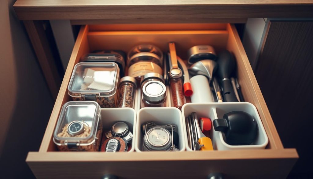 A well-organized small kitchen drawer with various containers and compartments, showcasing an efficient use of space. The drawer's interior is lit by soft, warm lighting, casting a cozy ambiance. The camera angle focuses on the drawer's contents, capturing a detailed, high-resolution view of the neatly arranged items, including spice jars, cooking utensils, and small gadgets. The overall composition emphasizes the strategic placement of the containers, highlighting how they maximize the available space and create a visually appealing, clutter-free environment. A well-organized small kitchen drawer with various containers and compartments, showcasing an efficient use of space. The drawer's interior is lit by soft, warm lighting, casting a cozy ambiance. The camera angle focuses on the drawer's contents, capturing a detailed, high-resolution view of the neatly arranged items, including spice jars, cooking utensils, and small gadgets. The overall composition emphasizes the strategic placement of the containers, highlighting how they maximize the available space and create a visually appealing, clutter-free environment.