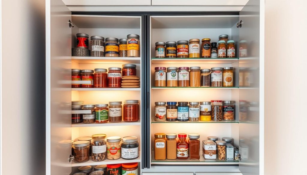A well-organized small kitchen pantry cabinet with sleek, minimalist design. The cabinet features multiple shelves in a compact layout, optimizing storage space. The shelves are stocked with a variety of canned goods, spices, and other dry food items, neatly arranged. The cabinet is illuminated by soft, warm lighting, creating a cozy and inviting atmosphere. The background features a clean, white wall, emphasizing the cabinet's functional elegance. The overall scene conveys a sense of efficient organization and a practical solution for a limited kitchen space. A well-organized small kitchen pantry cabinet with sleek, minimalist design. The cabinet features multiple shelves in a compact layout, optimizing storage space. The shelves are stocked with a variety of canned goods, spices, and other dry food items, neatly arranged. The cabinet is illuminated by soft, warm lighting, creating a cozy and inviting atmosphere. The background features a clean, white wall, emphasizing the cabinet's functional elegance. The overall scene conveys a sense of efficient organization and a practical solution for a limited kitchen space.