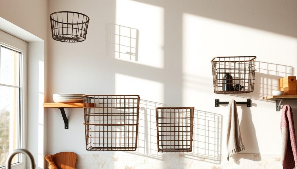 An airy, well-lit kitchen with a focal wall adorned with three rustic wire baskets in varying sizes. The baskets are arranged in a staggered, asymmetric pattern, casting intriguing shadows on the soft white wall. Warm wooden accents, such as a floating shelf or a towel bar, complement the industrial-chic aesthetic. Sunlight streams in through a nearby window, illuminating the textured surfaces and creating a cozy, inviting atmosphere. The overall composition emphasizes the practical storage solution while maintaining a visually striking and harmonious design.