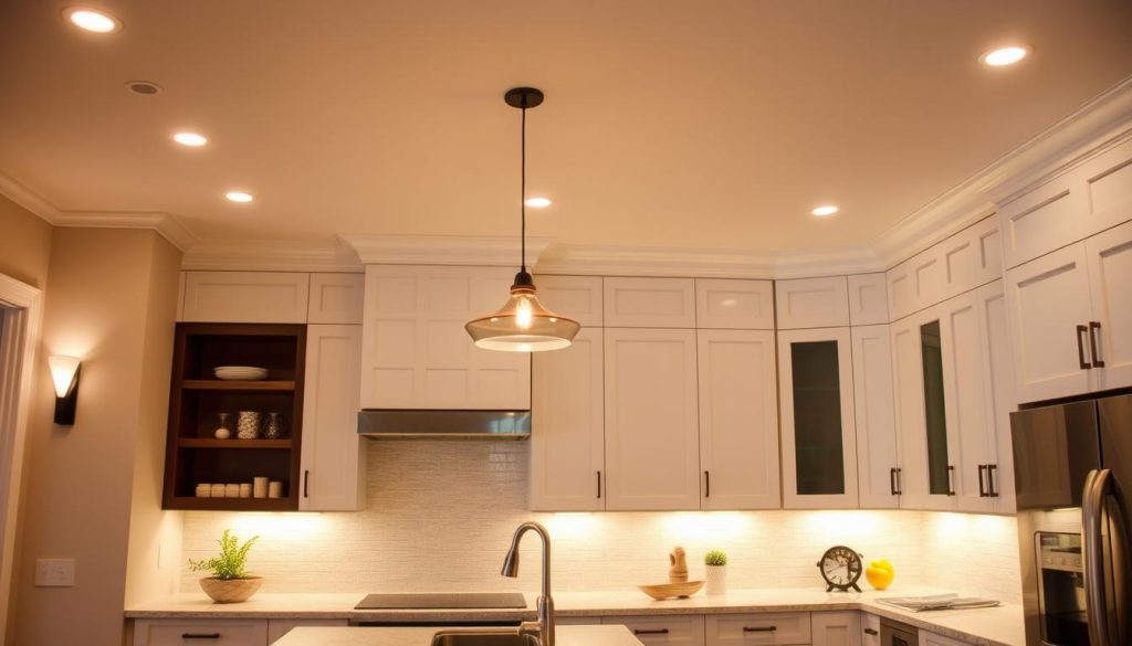 An elegant kitchen with a focus on lighting ideas. Warm, ambient lighting from recessed ceiling fixtures creates a cozy atmosphere, while under-cabinet task lighting illuminates the countertops. A combination of pendant lights over the island and sleek, minimalist sconces flanking the backsplash provide a harmonious layering of light sources. The overall lighting scheme emphasizes the clean, modern aesthetic of the kitchen, highlighting the rich wood tones and white cabinetry. The image should convey a sense of functionality and design inspiration for small kitchen upper cabinet lighting solutions.