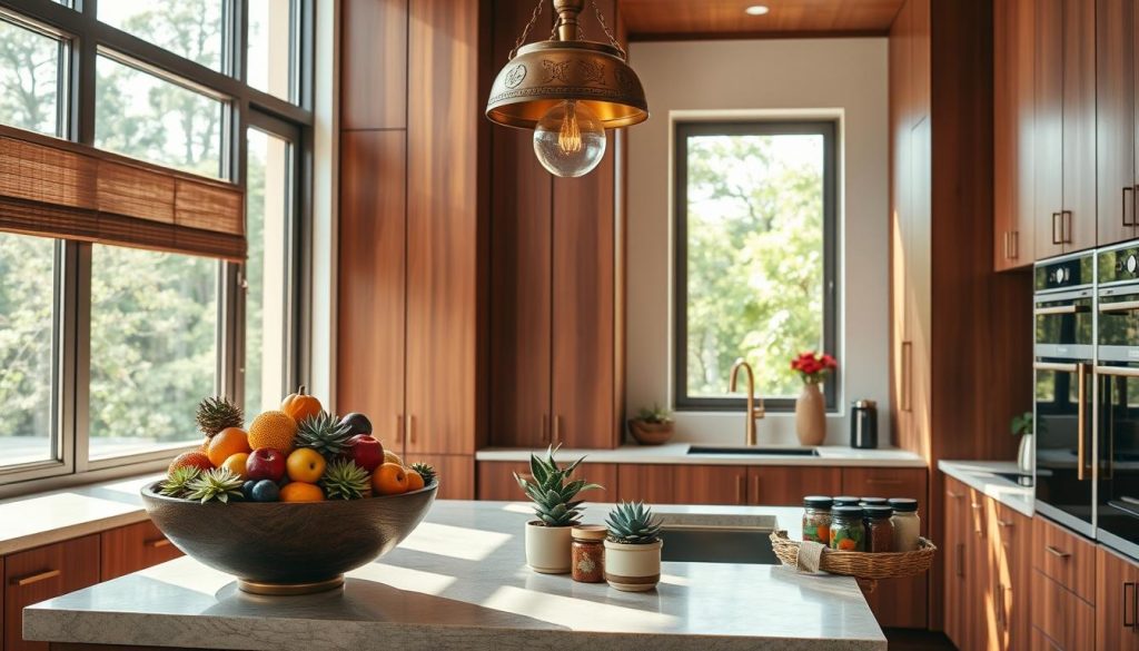 An elegant modern Indian kitchen, bathed in warm natural light streaming through large windows. Sleek wooden cabinetry in a rich, earthy tone creates a harmonious backdrop, accented by vibrant pops of color in decorative elements - a carved wooden bowl overflowing with fresh fruits, a cluster of potted succulents, and a hand-woven basket holding colorful spice jars. Intricate brass hardware and a statement pendant light fixture lend a touch of luxurious refinement. The overall ambiance is one of serene, personalized comfort, reflecting the homeowner's unique style and cultural heritage. An elegant modern Indian kitchen, bathed in warm natural light streaming through large windows. Sleek wooden cabinetry in a rich, earthy tone creates a harmonious backdrop, accented by vibrant pops of color in decorative elements - a carved wooden bowl overflowing with fresh fruits, a cluster of potted succulents, and a hand-woven basket holding colorful spice jars. Intricate brass hardware and a statement pendant light fixture lend a touch of luxurious refinement. The overall ambiance is one of serene, personalized comfort, reflecting the homeowner's unique style and cultural heritage.