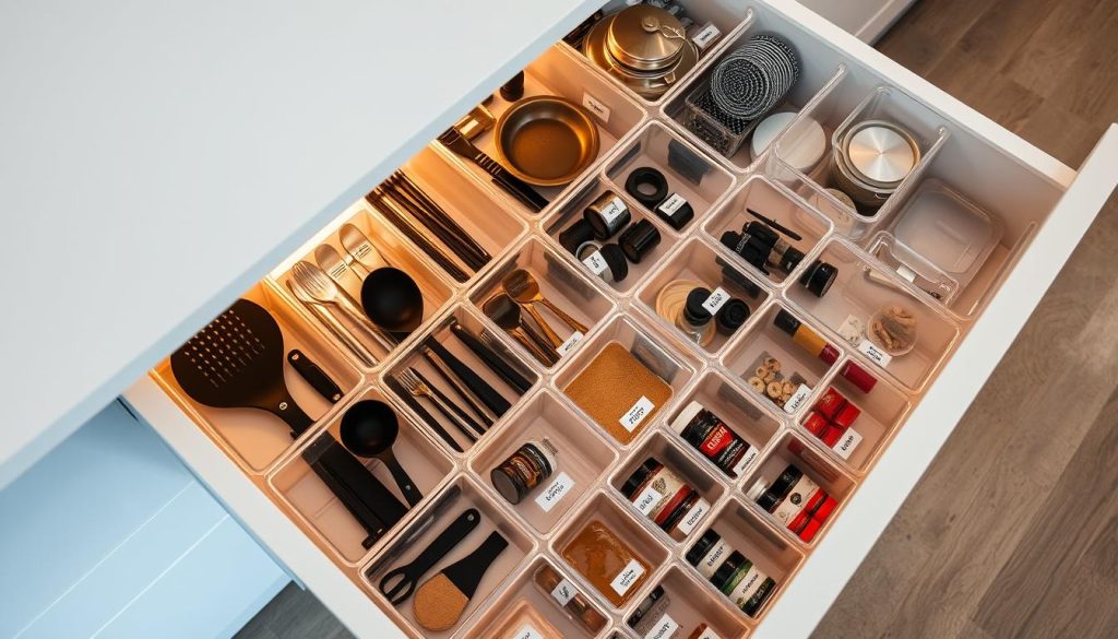 An organized kitchen drawer with expertly labeled compartments, neatly arranged in a grid-like formation. The drawer's interior is illuminated by a soft, warm light, casting a gentle glow on the meticulously sorted contents. Transparent dividers and labeled bins showcase an array of kitchen tools, utensils, and spices, each item in its designated spot. The drawer's sleek, minimalist design and muted color palette create a calming, visually appealing atmosphere, inviting the user to effortlessly locate and retrieve their desired items. A high-angle camera perspective emphasizes the drawer's depth and efficient utilization of space, exemplifying the principles of organized and accessible kitchen storage. An organized kitchen drawer with expertly labeled compartments, neatly arranged in a grid-like formation. The drawer's interior is illuminated by a soft, warm light, casting a gentle glow on the meticulously sorted contents. Transparent dividers and labeled bins showcase an array of kitchen tools, utensils, and spices, each item in its designated spot. The drawer's sleek, minimalist design and muted color palette create a calming, visually appealing atmosphere, inviting the user to effortlessly locate and retrieve their desired items. A high-angle camera perspective emphasizes the drawer's depth and efficient utilization of space, exemplifying the principles of organized and accessible kitchen storage.