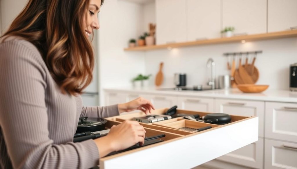 Assessing kitchen drawer space: A woman's hands open a kitchen drawer, revealing its contents. The drawer is well-organized, with various compartments and dividers. In the foreground, the woman's hands carefully examine the layout, considering how to optimize the available space. The middle ground shows the drawer's interior, neatly arranged with cooking utensils, small appliances, and other kitchen essentials. The background features a clean, modern kitchen with neutral-toned cabinets and minimalist decor, creating a calm and focused atmosphere. Soft, diffused lighting illuminates the scene, highlighting the woman's thoughtful expression as she plans her kitchen organization. Assessing kitchen drawer space: A woman's hands open a kitchen drawer, revealing its contents. The drawer is well-organized, with various compartments and dividers. In the foreground, the woman's hands carefully examine the layout, considering how to optimize the available space. The middle ground shows the drawer's interior, neatly arranged with cooking utensils, small appliances, and other kitchen essentials. The background features a clean, modern kitchen with neutral-toned cabinets and minimalist decor, creating a calm and focused atmosphere. Soft, diffused lighting illuminates the scene, highlighting the woman's thoughtful expression as she plans her kitchen organization.