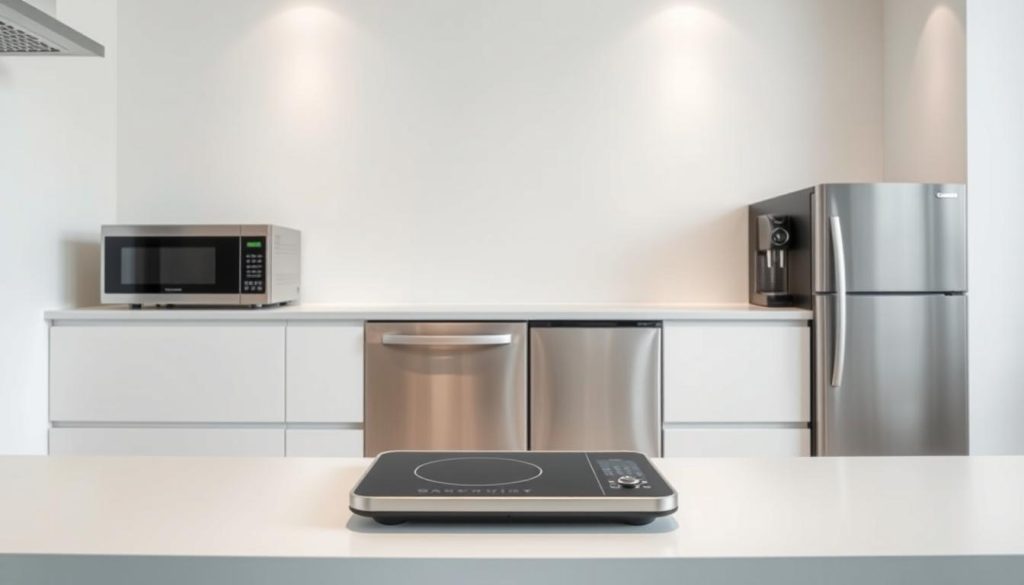 Compact kitchen appliances arranged in a sleek, modern kitchen setting. In the foreground, a small induction cooktop, a compact microwave oven, and a stylish espresso machine sit neatly on a minimalist countertop. In the middle ground, a compact dishwasher and a petite refrigerator blend seamlessly into the streamlined cabinetry. The background features clean, white walls and subtle lighting, creating a bright and airy atmosphere. The overall composition emphasizes efficient use of space, showcasing how small-scale yet high-performance appliances can transform a compact kitchen into a functional and visually appealing space. Compact kitchen appliances arranged in a sleek, modern kitchen setting. In the foreground, a small induction cooktop, a compact microwave oven, and a stylish espresso machine sit neatly on a minimalist countertop. In the middle ground, a compact dishwasher and a petite refrigerator blend seamlessly into the streamlined cabinetry. The background features clean, white walls and subtle lighting, creating a bright and airy atmosphere. The overall composition emphasizes efficient use of space, showcasing how small-scale yet high-performance appliances can transform a compact kitchen into a functional and visually appealing space.