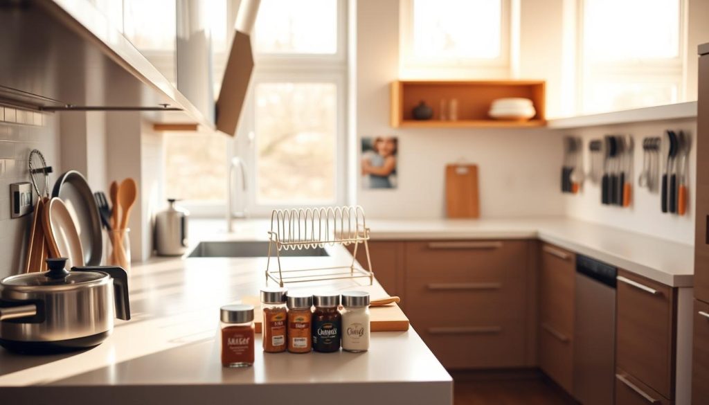Compact kitchen counter space solutions: A bright, airy kitchen with sleek, minimalist countertops showcasing an array of space-saving accessories. In the foreground, a small cooking appliance, spice jars, and a cutting board neatly arranged. The middle ground features a slim, multi-level dish rack and a compact utensil holder. The background highlights a wall-mounted magnetic knife strip and a recessed shelf unit, all bathed in warm, natural lighting from large windows. The overall atmosphere conveys a sense of organization, efficiency, and a clever use of limited counter space.