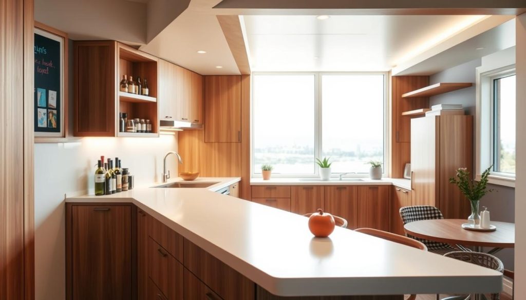 Compact kitchen with a sleek, minimalist bar in the foreground. Warm, natural wood tones and clean white surfaces create a cozy, inviting atmosphere. Recessed lighting casts a soft glow, highlighting the bar's clean lines and modern design. A mix of open shelving and hidden storage provides ample space for kitchen essentials. Large windows in the background flood the space with natural light, giving the impression of an airy, well-designed room. Overall, a harmonious blend of function and style, perfect for a small kitchen with a practical bar area. Compact kitchen with a sleek, minimalist bar in the foreground. Warm, natural wood tones and clean white surfaces create a cozy, inviting atmosphere. Recessed lighting casts a soft glow, highlighting the bar's clean lines and modern design. A mix of open shelving and hidden storage provides ample space for kitchen essentials. Large windows in the background flood the space with natural light, giving the impression of an airy, well-designed room. Overall, a harmonious blend of function and style, perfect for a small kitchen with a practical bar area.
