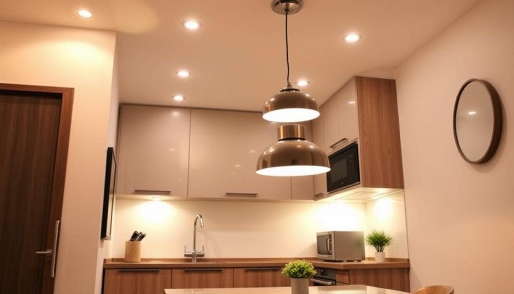 Compact kitchen with sleek and modern lighting fixtures, creating a warm and inviting atmosphere. A combination of recessed LED downlights, under-cabinet task lighting, and a statement pendant over the dining area. The kitchen is well-lit, with a focus on illuminating the work surfaces and accentuating the clean, minimalist design. The lighting scheme casts a soft, even glow throughout the space, enhancing the overall sense of coziness and functionality in this small but efficient kitchen.