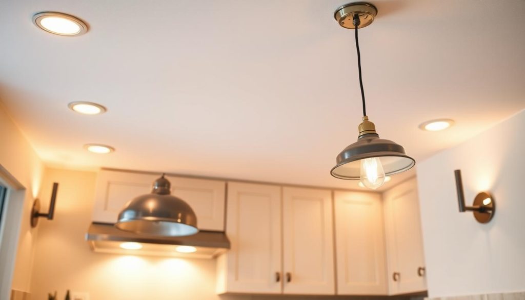 Cozy kitchen with soft, warm lighting. Recessed ceiling lights gently illuminate the space, casting a welcoming glow. Pendant lights over the countertop provide focused task lighting, their metal or glass shades adding visual interest. Wall sconces flank the cabinets, creating a balanced, ambient illumination. Dimmable switches allow for adjustable brightness to suit different moods and activities. The overall lighting scheme is designed to be energy-efficient, practical, and aesthetically pleasing, complementing the small kitchen's design. Cozy kitchen with soft, warm lighting. Recessed ceiling lights gently illuminate the space, casting a welcoming glow. Pendant lights over the countertop provide focused task lighting, their metal or glass shades adding visual interest. Wall sconces flank the cabinets, creating a balanced, ambient illumination. Dimmable switches allow for adjustable brightness to suit different moods and activities. The overall lighting scheme is designed to be energy-efficient, practical, and aesthetically pleasing, complementing the small kitchen's design.