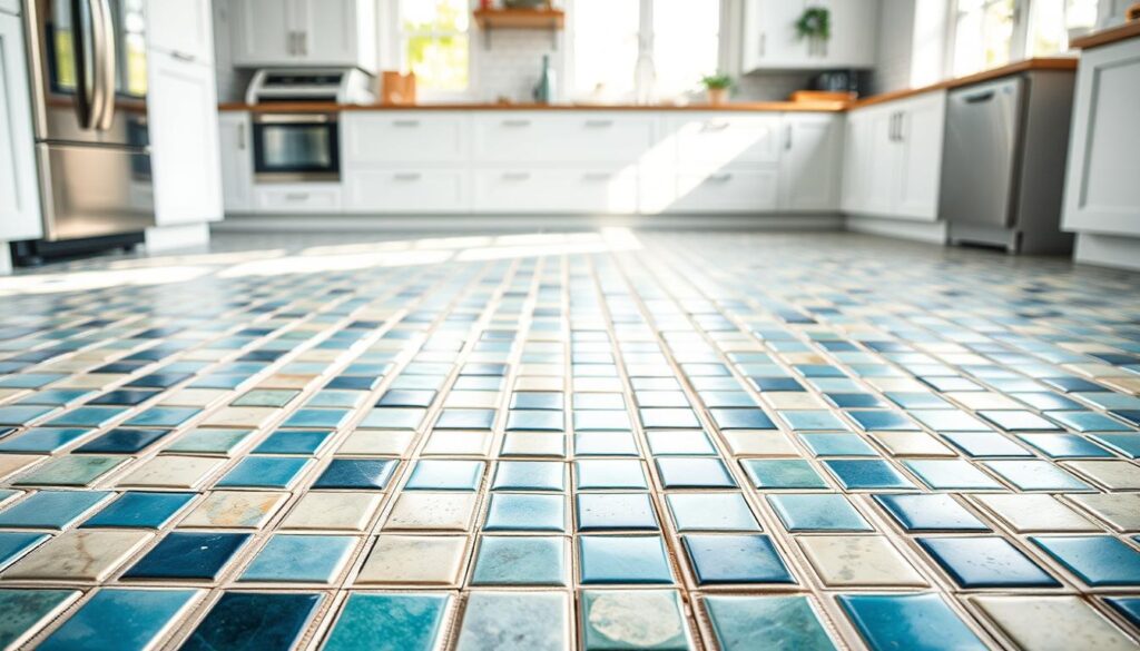 Delicate and intricately patterned tile layouts, showcasing a vibrant array of geometric designs in a well-lit, modern kitchen setting. The foreground features a harmonious arrangement of small square tiles in various hues of blues, greens, and neutral tones, creating a visually captivating floor. The middle ground presents a seamless transition between the tile patterns, with subtly contrasting grout lines accentuating the layout. In the background, the kitchen's clean and minimalist aesthetic provides a perfect canvas for the tile design to shine, illuminated by natural light streaming through large windows. The overall atmosphere is one of sophistication, creativity, and a touch of timeless elegance, perfectly suited for a small kitchen space.