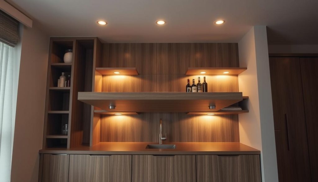 Detailed, sleek, and space-efficient kitchen bar design featuring a floating, minimalist wooden countertop suspended above a compact cabinet unit. The design emphasizes vertical space utilization, with integrated shelving and storage compartments along the walls. Warm, indirect lighting casts a cozy glow, creating an inviting atmosphere. The scene is captured from a low, front-facing angle, showcasing the clean lines and efficient layout of this compact, yet stylish kitchen bar solution. Detailed, sleek, and space-efficient kitchen bar design featuring a floating, minimalist wooden countertop suspended above a compact cabinet unit. The design emphasizes vertical space utilization, with integrated shelving and storage compartments along the walls. Warm, indirect lighting casts a cozy glow, creating an inviting atmosphere. The scene is captured from a low, front-facing angle, showcasing the clean lines and efficient layout of this compact, yet stylish kitchen bar solution.