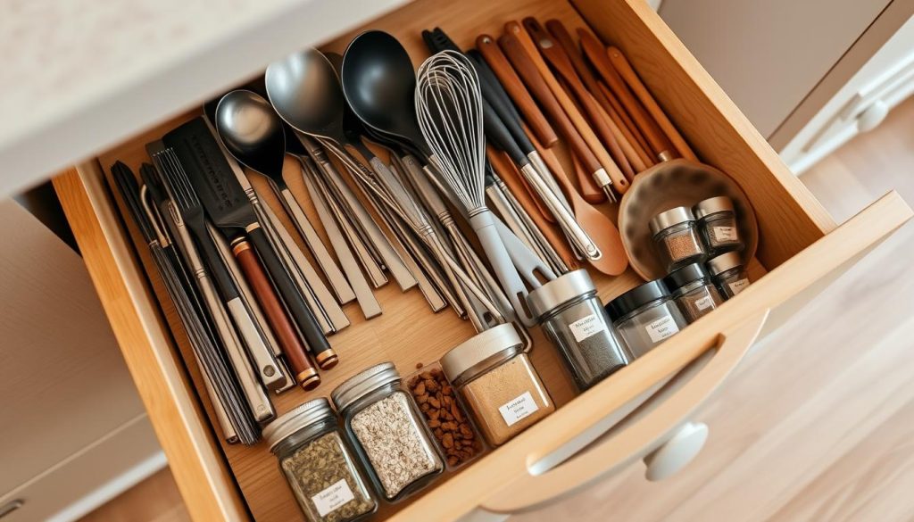 Efficient kitchen drawer organization, with carefully grouped kitchen utensils, spatulas, and whisks neatly arranged in a warm, soft-lit setting. A tidy array of measuring cups and spoons sits alongside labeled containers holding various herbs and spices. The drawers are made of light-colored wood, their surfaces polished to a subtle sheen. A muted, natural color palette, with touches of earthy tones, creates a sense of serenity and order. The camera angle is slightly elevated, allowing for a comprehensive view of the organized drawer contents, showcasing the thoughtful arrangement of similar items together. Efficient kitchen drawer organization, with carefully grouped kitchen utensils, spatulas, and whisks neatly arranged in a warm, soft-lit setting. A tidy array of measuring cups and spoons sits alongside labeled containers holding various herbs and spices. The drawers are made of light-colored wood, their surfaces polished to a subtle sheen. A muted, natural color palette, with touches of earthy tones, creates a sense of serenity and order. The camera angle is slightly elevated, allowing for a comprehensive view of the organized drawer contents, showcasing the thoughtful arrangement of similar items together.