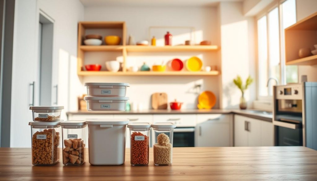 Efficient kitchen organization tips: A well-lit, minimalist kitchen with clean lines and bright colors. In the foreground, a series of neatly arranged storage containers, labeled and stacked, showcasing clever use of vertical space. In the middle ground, open shelving displaying colorful, artfully arranged kitchenware. The background features a sleek, modern backsplash and streamlined appliances, creating a sense of harmony and functionality. Warm, natural lighting filters through large windows, casting a soft glow and emphasizing the organized, clutter-free environment. The overall mood is one of calm, inviting simplicity, reflecting the &quot;Maximize Space with Clever Storage Solutions&quot; theme.
