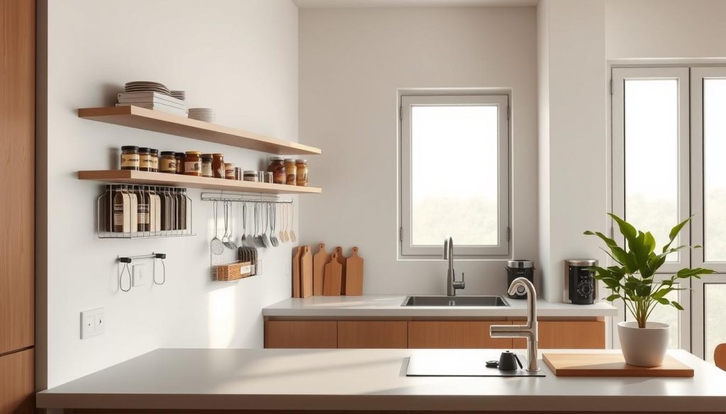 Efficient kitchen organization tips: a minimalist kitchen counter with a combination of sleek floating shelves, magnetic knife strip, and a hanging rack for cooking utensils. Soft, diffused natural lighting from large windows creates a warm, inviting atmosphere. The layout emphasizes vertical space, with neatly organized spices, jars, and small appliances optimized for easy access. Smooth, seamless surfaces and a neutral color palette convey a sense of calm and order. A single potted plant adds a touch of natural greenery, complementing the modern, uncluttered aesthetic.