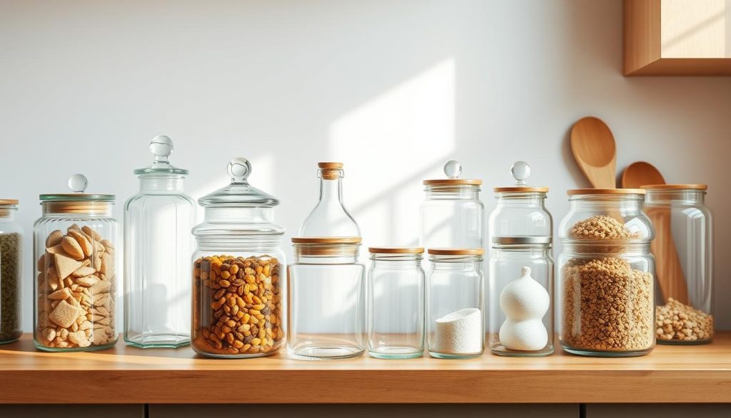 Elegant clear glass jars and containers arranged neatly on a wooden kitchen counter, soft natural lighting illuminating the contents. Minimalist, uncluttered composition showcasing the transparency and organization of the storage solutions. Various sizes and shapes of jars, bottles, and canisters made of high-quality materials like borosilicate glass or acrylic. Subtle reflections and highlights add depth and visual interest. Warm, inviting atmosphere that inspires tidiness and efficiency in a small kitchen space.
