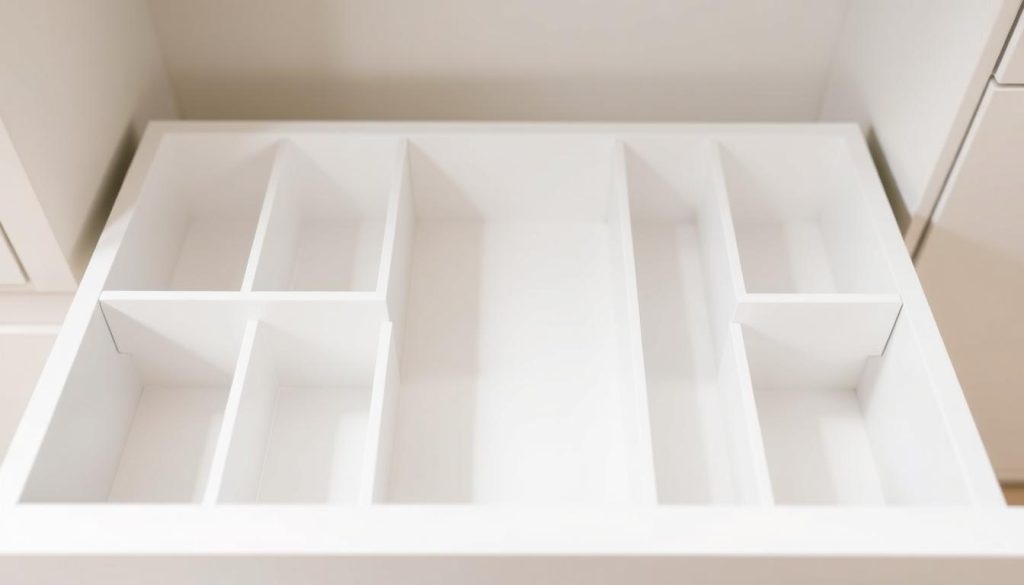 Minimalist kitchen drawer dividers in a crisp, clean white finish. The dividers are carefully arranged in a small kitchen drawer, efficiently organizing the space with a sleek, modern aesthetic. Soft, diffused lighting from above casts subtle shadows, highlighting the dividers' simple, rectangular shapes. The drawer is showcased against a muted, off-white background, emphasizing the organizational elements. The composition focuses on the functional yet stylish design of the drawer dividers, capturing their ability to transform a compact kitchen space. Minimalist kitchen drawer dividers in a crisp, clean white finish. The dividers are carefully arranged in a small kitchen drawer, efficiently organizing the space with a sleek, modern aesthetic. Soft, diffused lighting from above casts subtle shadows, highlighting the dividers' simple, rectangular shapes. The drawer is showcased against a muted, off-white background, emphasizing the organizational elements. The composition focuses on the functional yet stylish design of the drawer dividers, capturing their ability to transform a compact kitchen space.