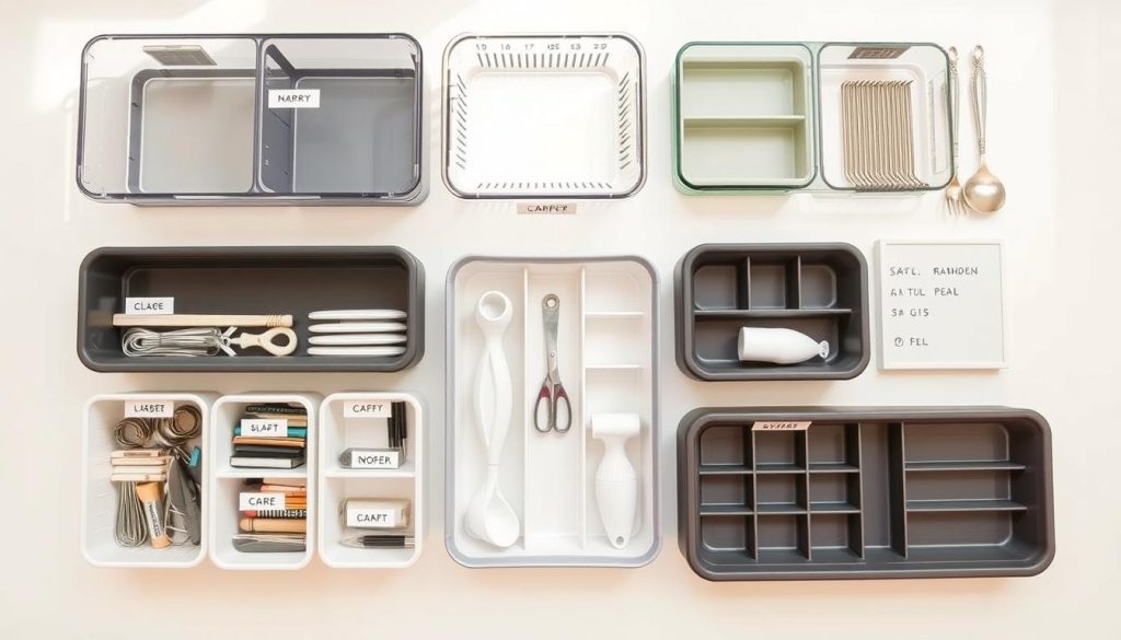 Neatly organized DIY drawer organization tools - a collection of labeled plastic bins, dividers, trays, and hooks arranged on a minimalist white background. Warm, natural lighting highlights the textures and patterns of the various storage solutions. The composition showcases the essential items needed to efficiently compartmentalize and tidy up small kitchen drawers, reflecting the functional and practical nature of the "Essential Tools for Drawer Organization" section. Neatly organized DIY drawer organization tools - a collection of labeled plastic bins, dividers, trays, and hooks arranged on a minimalist white background. Warm, natural lighting highlights the textures and patterns of the various storage solutions. The composition showcases the essential items needed to efficiently compartmentalize and tidy up small kitchen drawers, reflecting the functional and practical nature of the "Essential Tools for Drawer Organization" section.