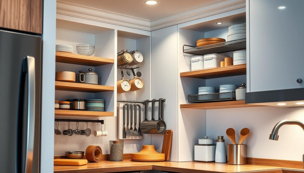 Optimized corner kitchen storage solutions, showcasing sleek built-in shelves, hanging racks, and multipurpose organizers. Warm, diffused lighting illuminates the space, creating a cozy, inviting atmosphere. Wooden accents and neutral tones blend seamlessly with the kitchen's decor. The camera angle captures the corner from a low perspective, emphasizing the clever utilization of this often-overlooked area. Crisp, high-resolution rendering, with a focus on clean lines, functional design, and practical storage solutions tailored for small kitchens.