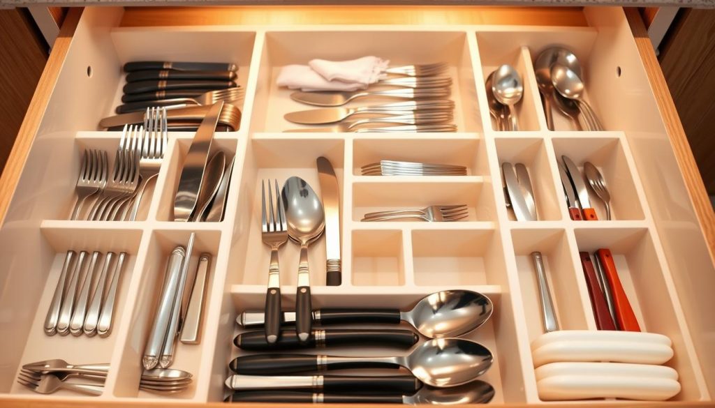 Organized cutlery drawer with compartmentalized sections for knives, forks, spoons, and other utensils. Warm lighting from above casts a soft glow, highlighting the clean, minimalist design. Sleek, metallic drawer pulls and dividers create a modern, efficient aesthetic. Neatly arranged items with color-coded organization, conveying a sense of order and practicality. High-resolution, close-up view showcasing the thoughtful layout and attention to detail for maximizing space and accessibility. Organized cutlery drawer with compartmentalized sections for knives, forks, spoons, and other utensils. Warm lighting from above casts a soft glow, highlighting the clean, minimalist design. Sleek, metallic drawer pulls and dividers create a modern, efficient aesthetic. Neatly arranged items with color-coded organization, conveying a sense of order and practicality. High-resolution, close-up view showcasing the thoughtful layout and attention to detail for maximizing space and accessibility.