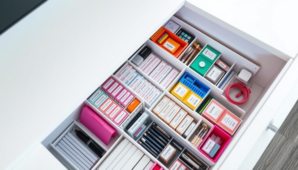 Organized drawer interior with rows of neatly arranged office supplies, colorful storage containers, and labeled dividers in a crisp, well-lit environment. Sleek, modern design with a minimalist aesthetic. Soft, diffused lighting from above illuminates the contents, creating a sense of order and efficiency. High-angle perspective showcases the tidy, layered arrangement of the drawer's contents. The overall impression is one of streamlined organization and clever space optimization.
