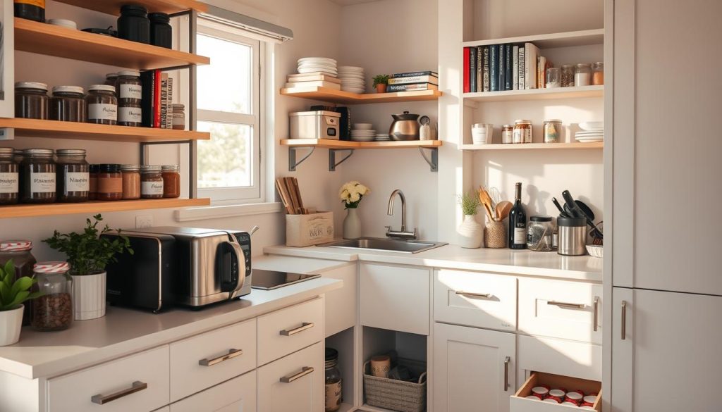 Prompt A neatly organized small kitchen, bathed in warm, natural lighting. Shelves lining the walls, meticulously arranged with labeled jars, cookbooks, and potted herbs. A compact countertop showcases a few essential appliances, their cords tucked away. Drawers and cabinets are efficiently compartmentalized, containing a variety of cooking utensils and spices. Minimalist decor, such as a small vase of flowers, adds a touch of elegance. The overall atmosphere conveys a sense of calm and productivity, inspiring the viewer to declutter and optimize their own small kitchen space.