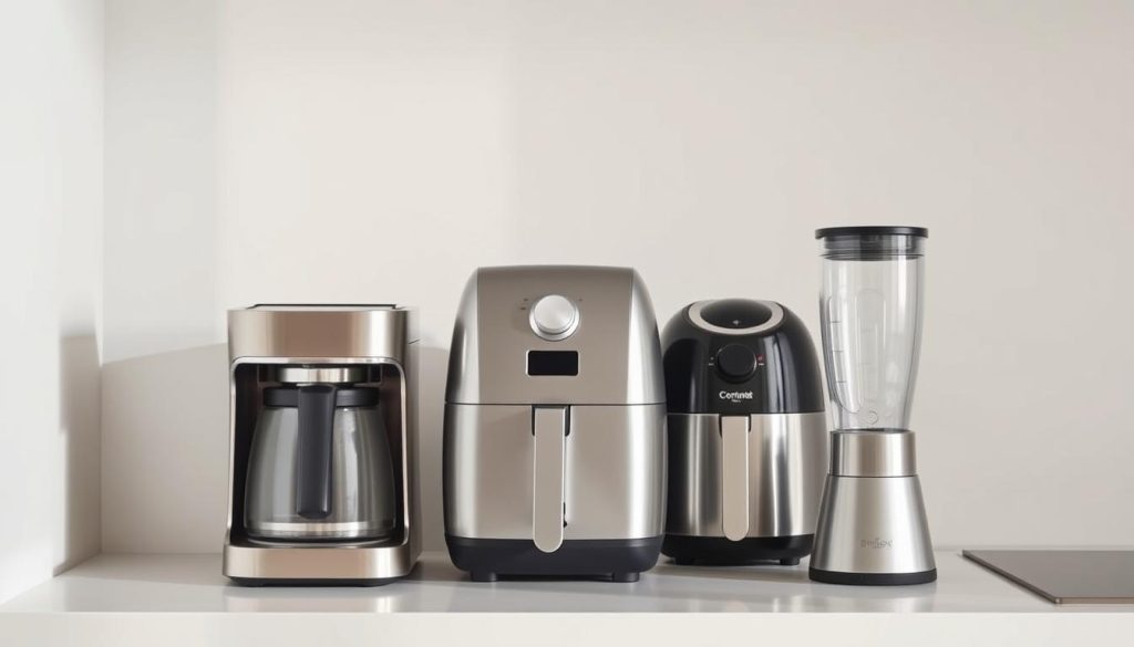 Sleek and minimalist compact kitchen appliances artfully arranged on a modern countertop. A stainless steel coffee maker, a compact air fryer, and a small blender stand out against a backdrop of neutral tones. Soft directional lighting casts gentle shadows, highlighting the clean lines and tactile materials of the appliances. The overall composition conveys a sense of efficiency and streamlined design, perfectly suited for a small kitchen space.