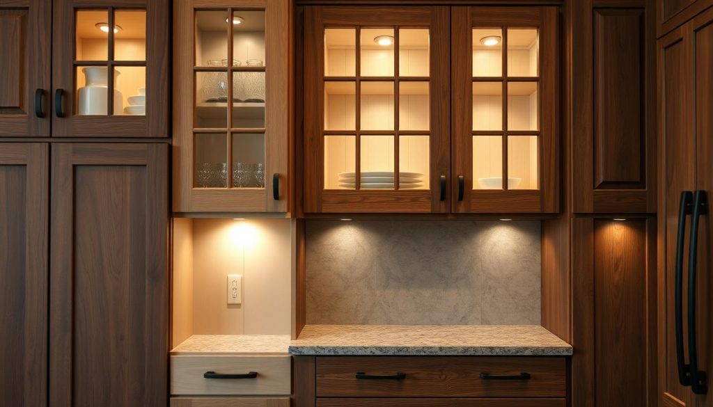 Sleek and modern custom kitchen cabinets with a warm, rustic charm. A mix of dark wood and light, painted finishes create a striking contrast. Intricate detailing in the cabinetry doors, with delicate mullions and glass paneling. Soft, ambient lighting from hidden fixtures casts a gentle glow, accentuating the unique textures and grain patterns. The cabinets are thoughtfully arranged to maximize storage and display space, with a mix of open shelving and closed storage. Elegant hardware in a matte black finish completes the custom, high-end look. The kitchen has an inviting, cozy atmosphere, perfect for a small space that needs a personalized, one-of-a-kind solution.