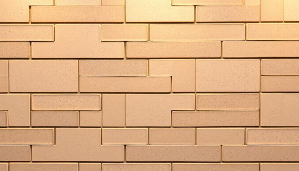 Small kitchen tiles in a cohesive, visually appealing arrangement. Rectangular ceramic tiles in a neutral palette of beige and gray, arranged in a staggered pattern that creates a sense of depth and movement. Warm, ambient lighting casts soft shadows, highlighting the subtle variations in the tile texture. The grout lines are clean and uniform, seamlessly integrating the tiles into a harmonious whole. The overall effect is one of understated elegance, with the tiles serving as a versatile and practical foundation for the kitchen design.