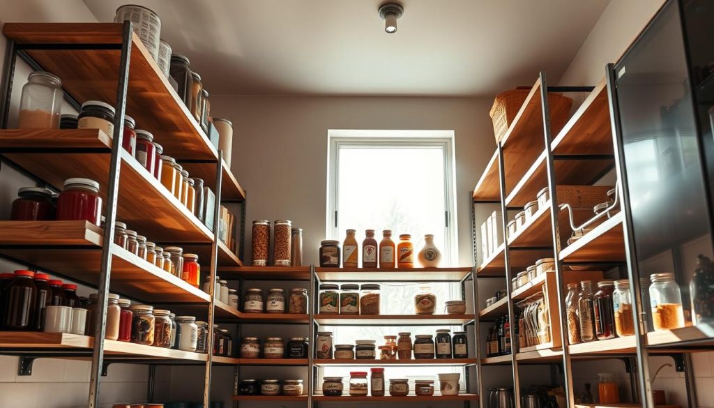 Well-organized pantry shelving with wooden shelves, metal frames, and accent lighting. Sunlit kitchen interior with clean lines and minimalist decor. Shelves stocked with jars, cans, and neatly arranged dry goods. Diagonal camera angle to highlight vertical space utilization. Warm, natural tones complemented by pops of color from the pantry contents. Soft shadows and highlights create depth and dimension. Cinematic lighting and a sense of order and efficiency conveyed throughout the scene.